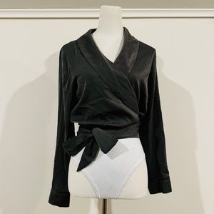 Cropped dark olive wrap blouse